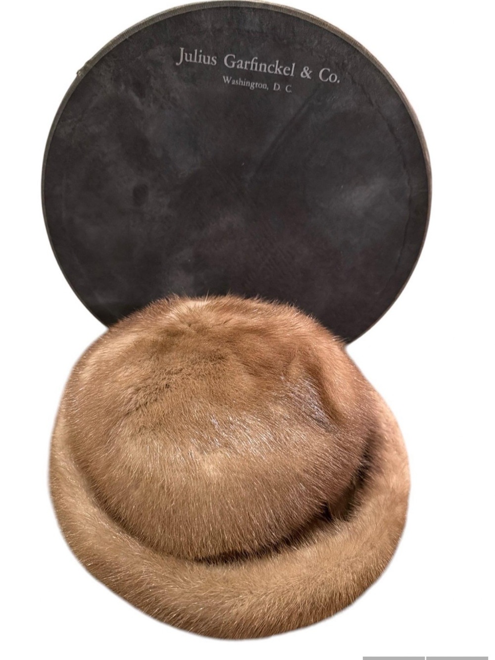 Vintage Lord & Taylor Genuine Mink Pillbox Hat with Julius Garfinckel & Co. box